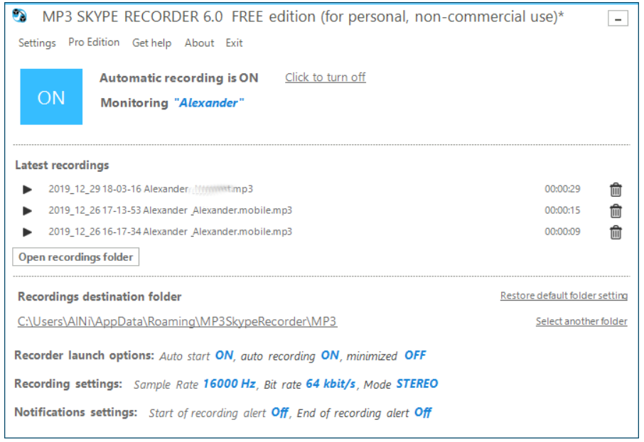 MP3 Skype recorder main window